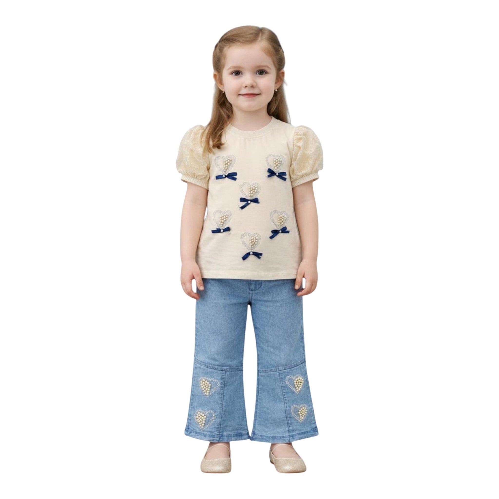 Mini & Mama cream puff sleeve top with embroidered hearts and blue bows, paired with light wash wide leg jeans embellished with hearts.