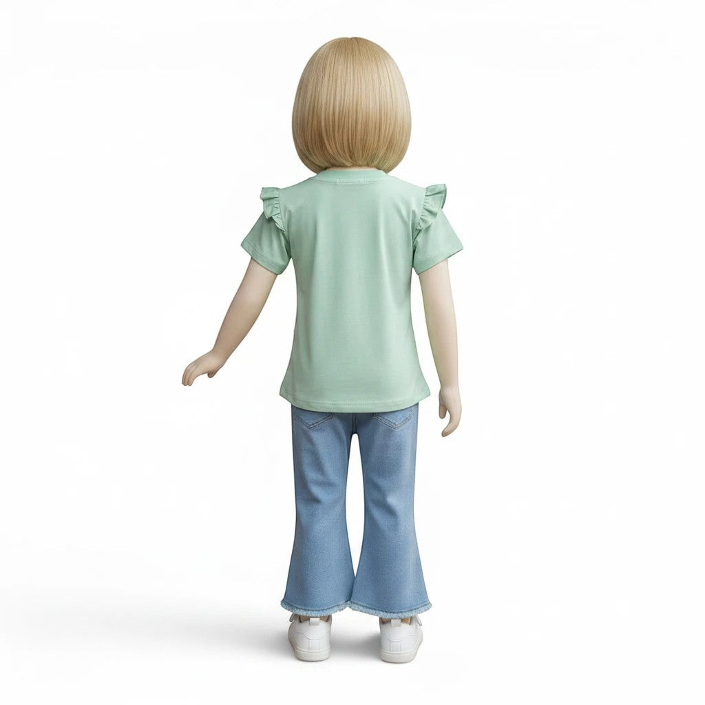 Mini & Mama mint green cotton t-shirt with ruffle sleeves and light wash bell bottom jeans with beaded hem.