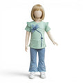Mini & Mama mint green cotton t-shirt with ruffle sleeves and floral applique, paired with light wash bell bottom jeans adorned with pearls and embroidery.