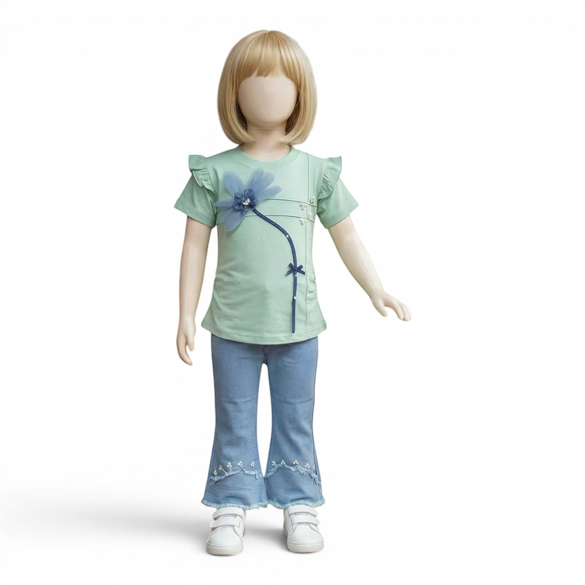 Mini & Mama mint green cotton t-shirt with ruffle sleeves and floral applique, paired with light wash bell bottom jeans adorned with pearls and embroidery.