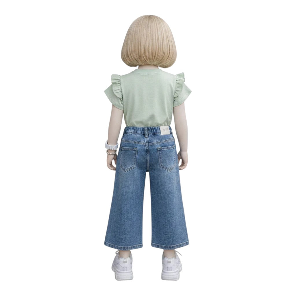 Mini & Mama light green ruffled sleeve top with denim wide leg jeans set