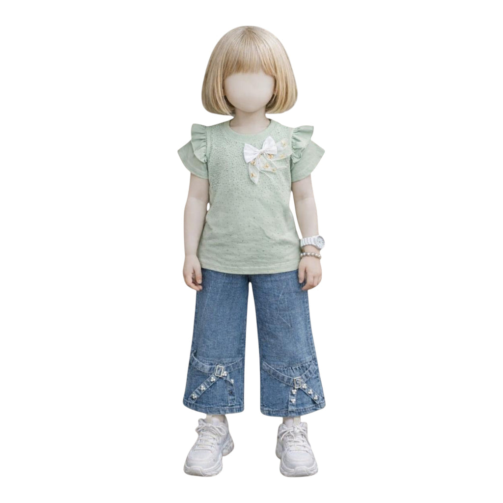 Mini & Mama light green ruffled sleeve top with bow detail and blue wide leg jeans set for girls.