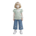 Mini & Mama light green ruffled sleeve top with bow detail and blue wide leg jeans set for girls.