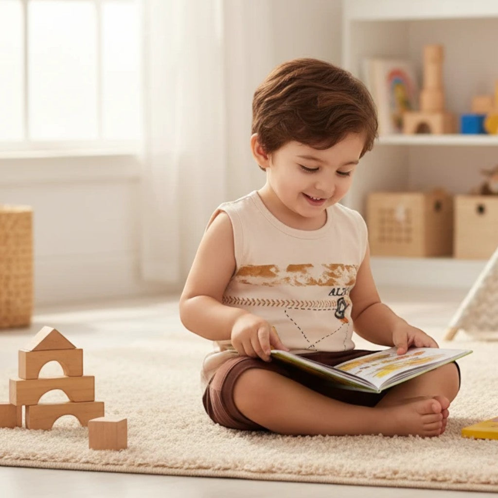 Mini & Mama kids graphic print sleeveless top and brown shorts set. A young boy sits cross-legged reading a book.