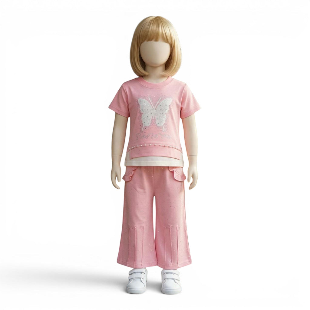Mini & Mama pink butterfly embellished top with pearl trim and wide leg pants set for girls.