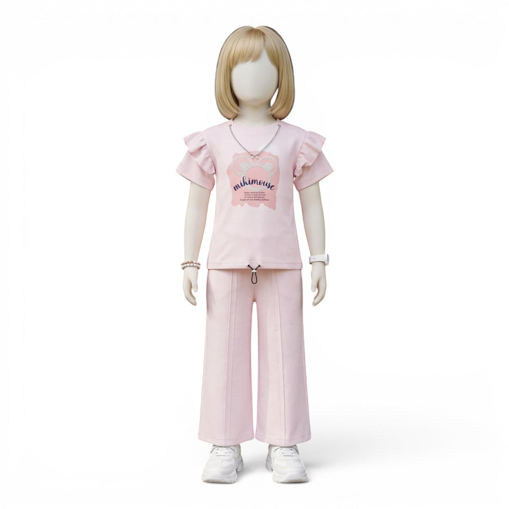 Mini & Mama pink ruffle sleeve graphic tee and wide leg pants set for girls. Comfortable and stylish outfit.