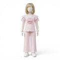 Mini & Mama pink ruffle sleeve graphic tee and wide leg pants set for girls. Comfortable and stylish outfit.