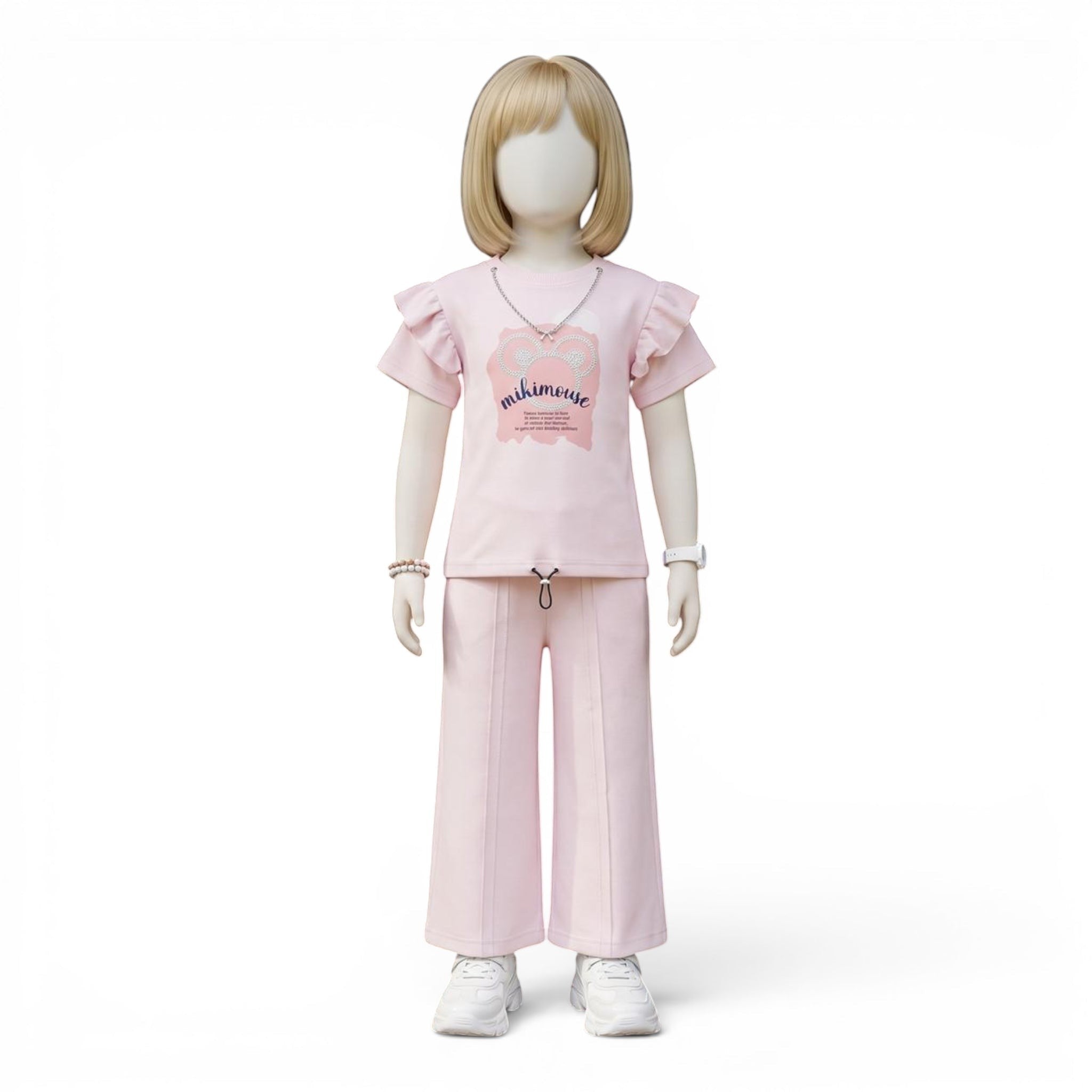 Mini & Mama pink ruffle sleeve graphic tee and wide leg pants set for girls. Comfortable and stylish outfit.