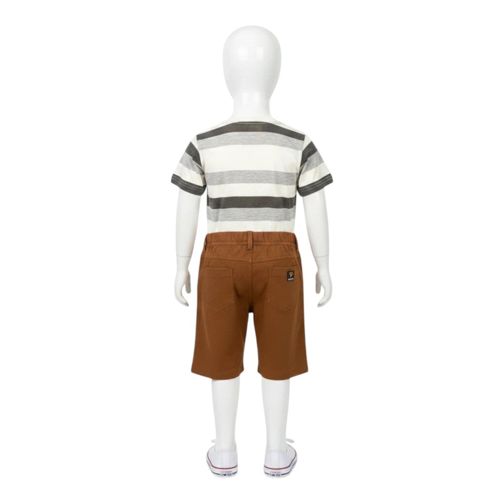 Mini & Mama striped t-shirt and brown shorts set for kids. T-shirt has grey, cream, and black stripes. Shorts have pockets and paw print detail.