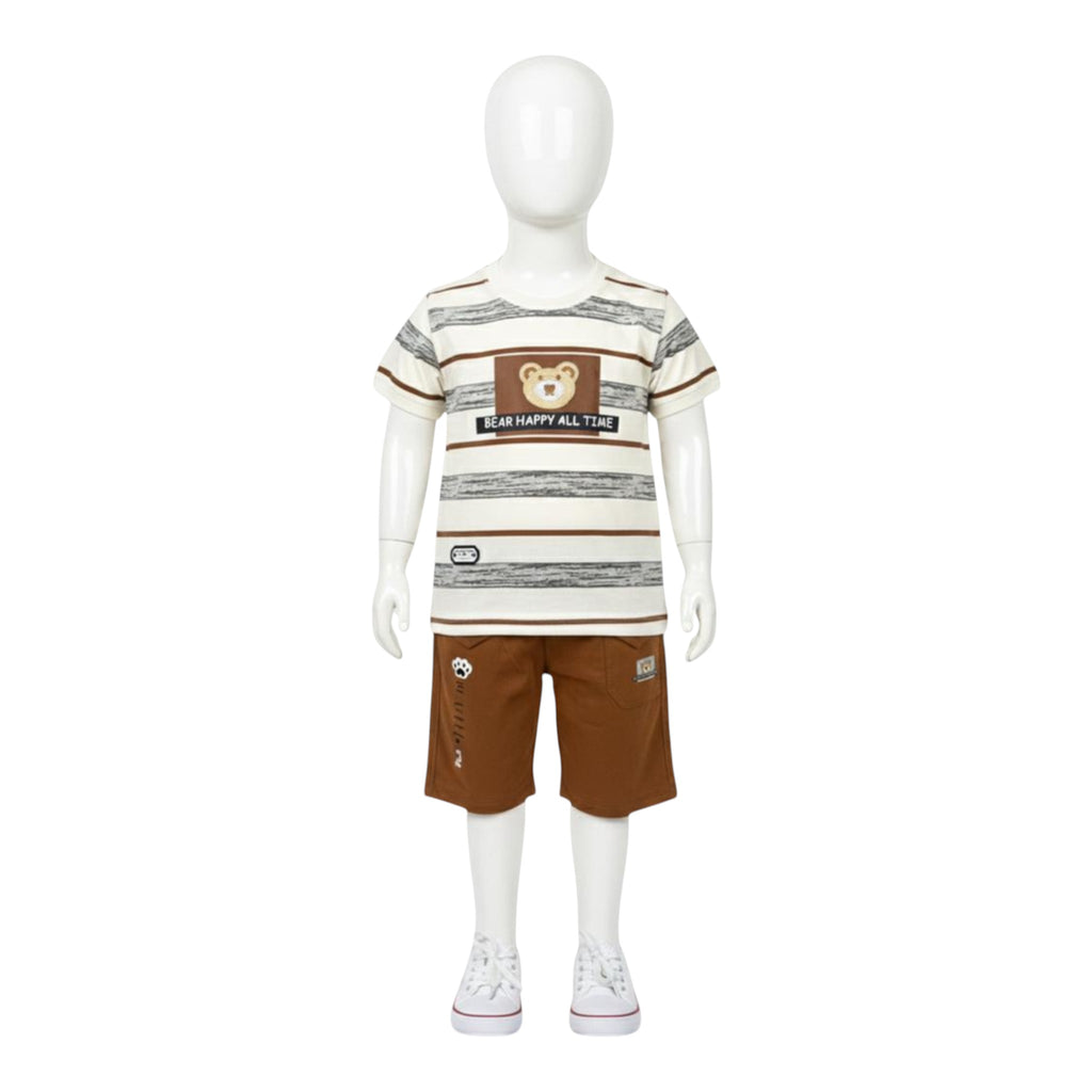 Mini & Mama striped t-shirt and brown shorts set with bear graphic and paw print detail. Cotton blend.