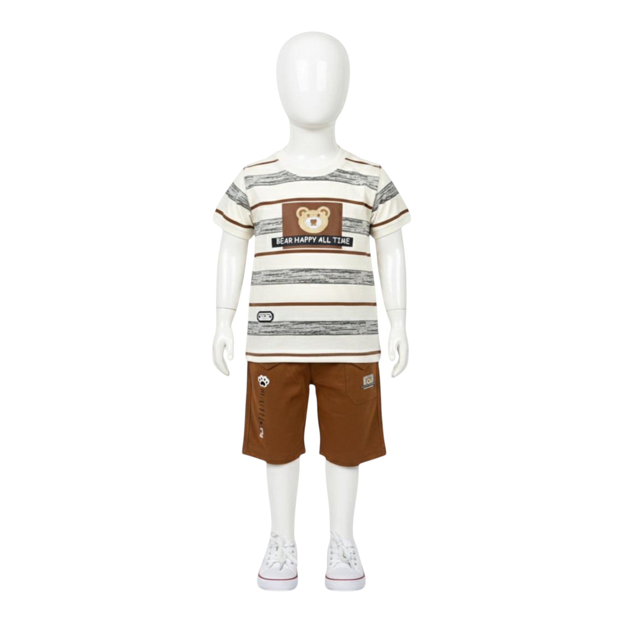 Mini & Mama striped t-shirt and brown shorts set with bear graphic and paw print detail. Cotton blend.