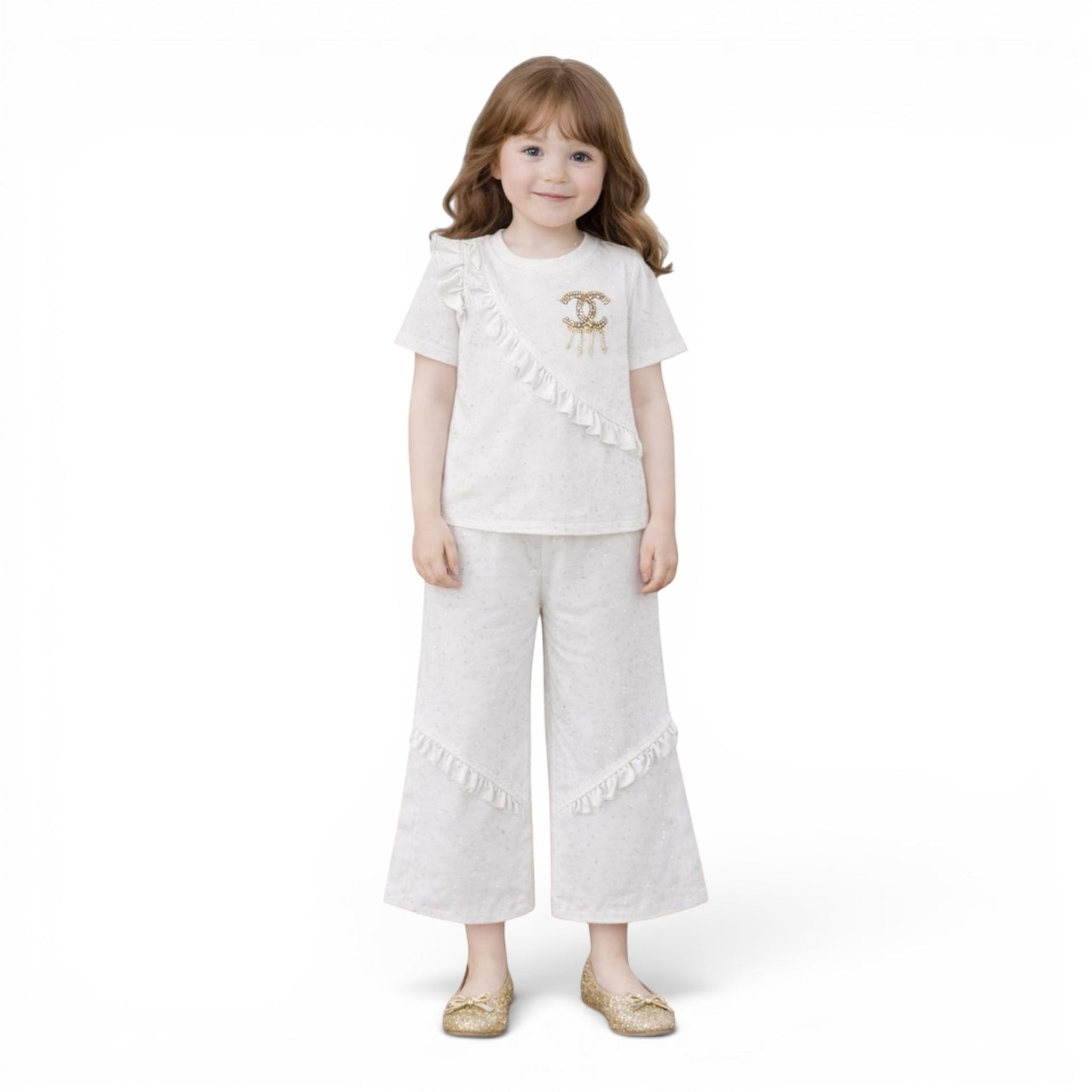 Mini & Mama white ruffled two-piece outfit set with sparkling embellishment and wide-leg pants.