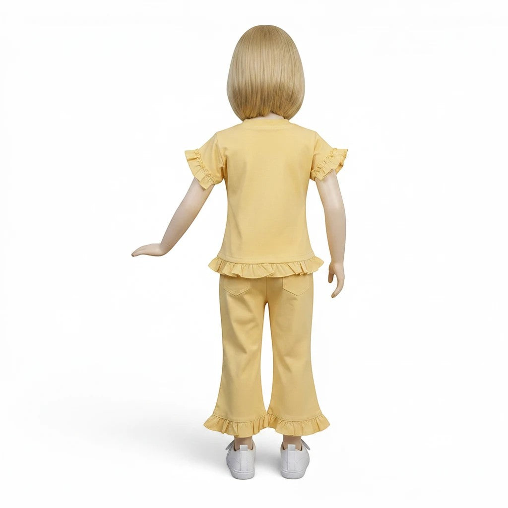 Mini & Mama sunny yellow cotton ruffle sleeve patchwork top and flare pants set for girls.