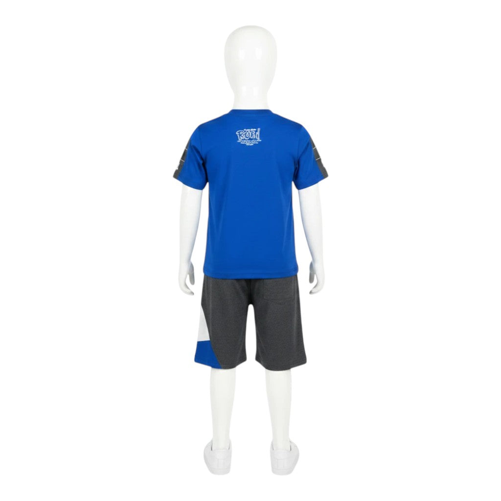 Mini & Mama Boys graphic t-shirt and shorts set in royal blue and charcoal grey with athletic accents and color-blocked panels.