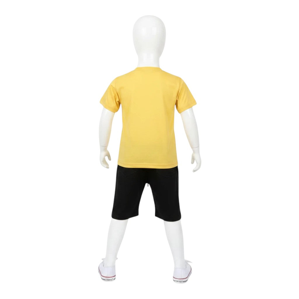 Mini & Mama boys' yellow graphic print t-shirt and black shorts set. Cotton t-shirt with cartoon graphic. Elastic waist shorts with side pockets.