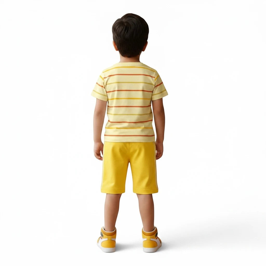 Mini & Mama boys yellow striped t-shirt and yellow shorts set with side stripes.