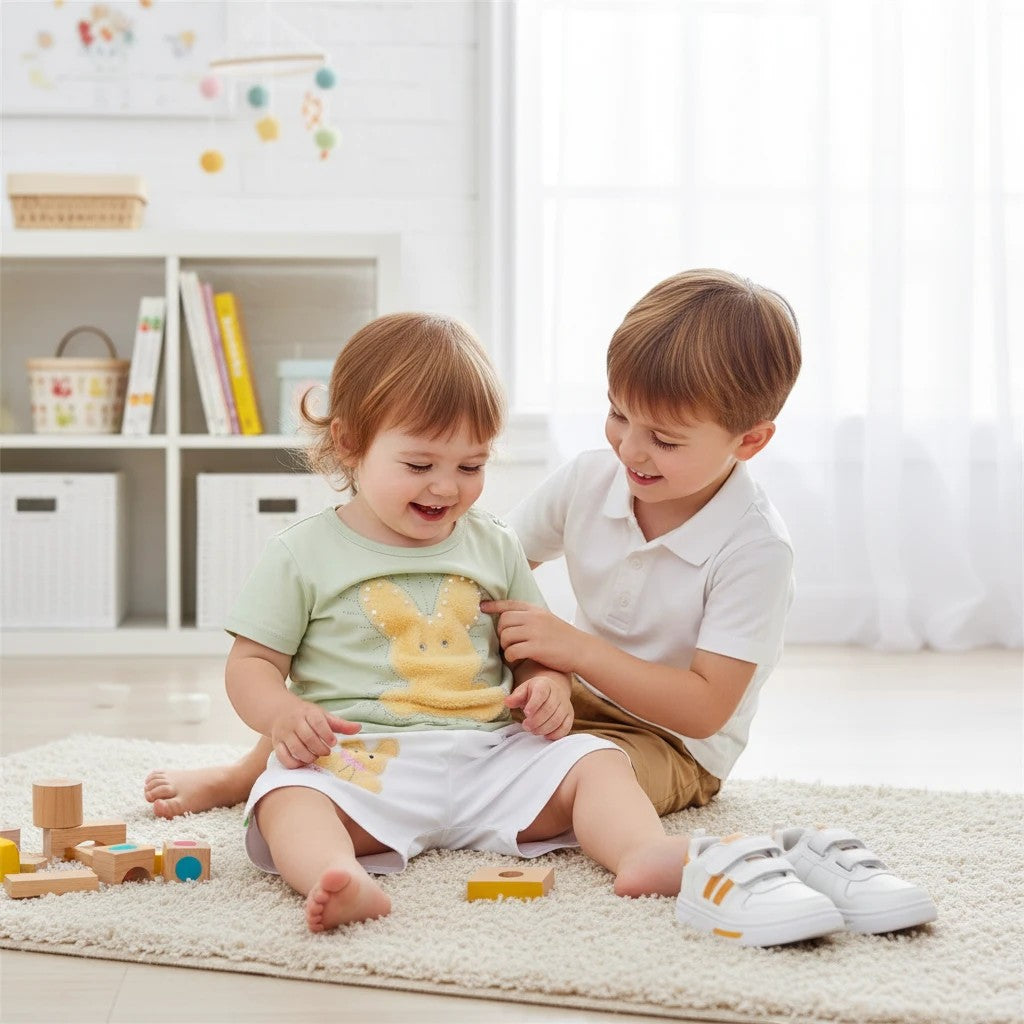 Mini & Mama light mint green cotton t-shirt with fuzzy yellow bunny applique and white shorts with bunny graphic.