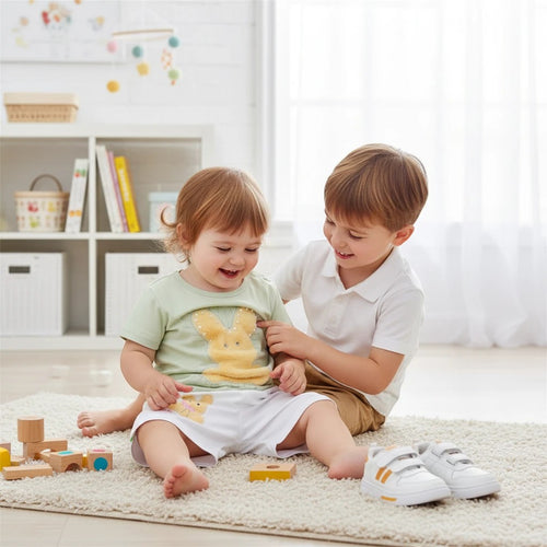 Mini & Mama light mint green cotton t-shirt with fuzzy yellow bunny applique and white shorts with bunny graphic.