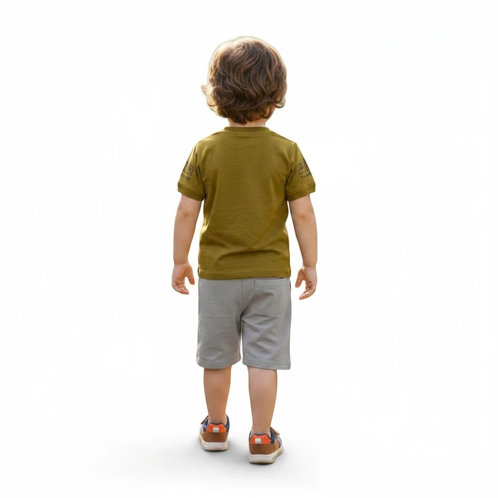 Mini & Mama toddler boy's olive green cotton graphic t-shirt and grey shorts set.