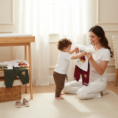 Mini & Mama white cotton t-shirt with teddy bear graphic and burgundy pants set for baby.