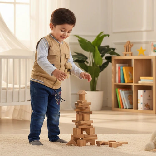 Mini & Mama Baby Boys Bear Applique Vest and Pants Set. Light blue shirt, tan vest with bear applique, blue denim pants.