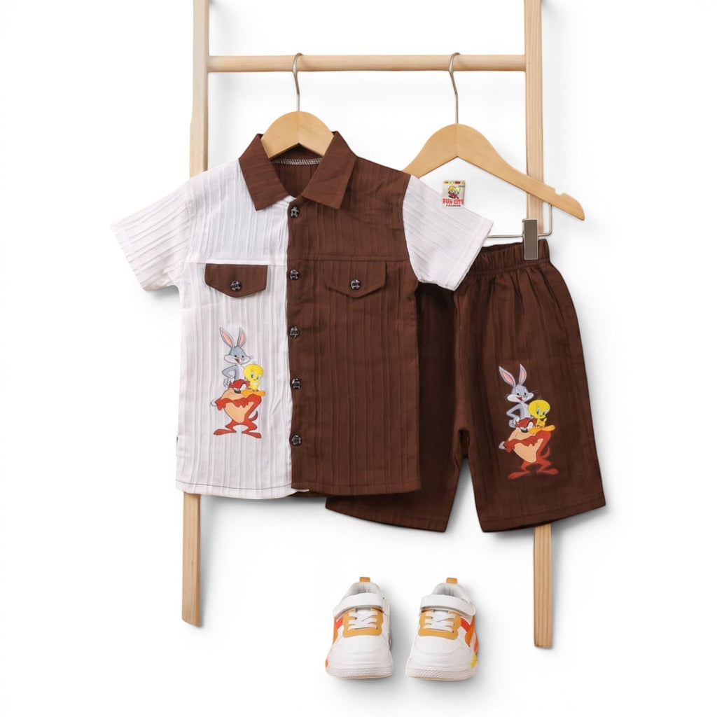 Mini & Mama Baby Boys white and brown cartoon character short set with collared shirt and shorts.