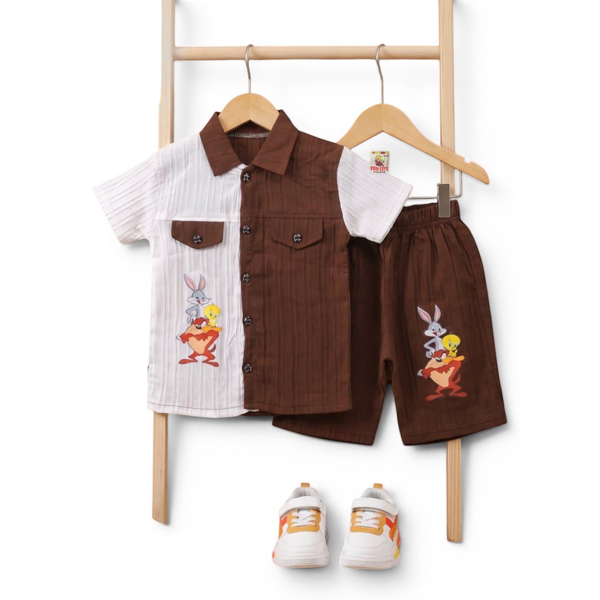 Mini & Mama Baby Boys white and brown cartoon character short set with collared shirt and shorts.