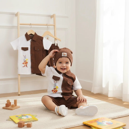 Mini & Mama baby boys white and brown cartoon character short set with collared shirt and shorts.