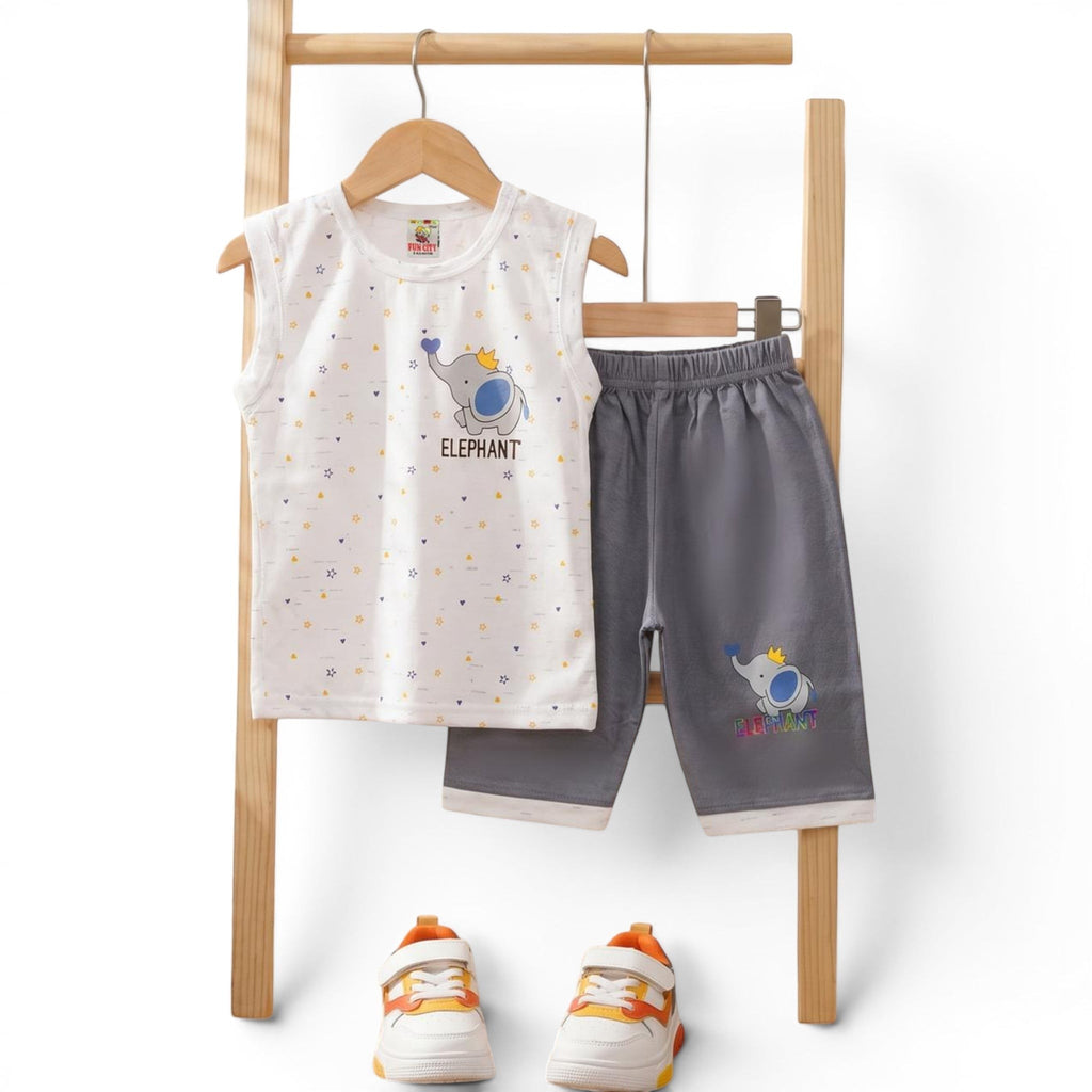 Mini & Mama Baby Boys white sleeveless top with elephant print and grey shorts. Elastic waistband.