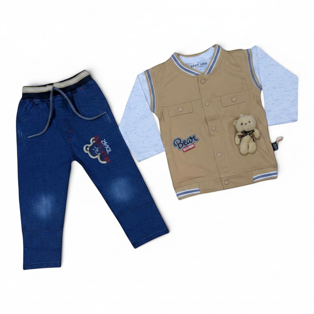 Mini & Mama Baby Boys Bear Applique Vest and Pants Set. Light blue long-sleeve shirt with tan baseball vest, teddy bear applique, and denim pants.