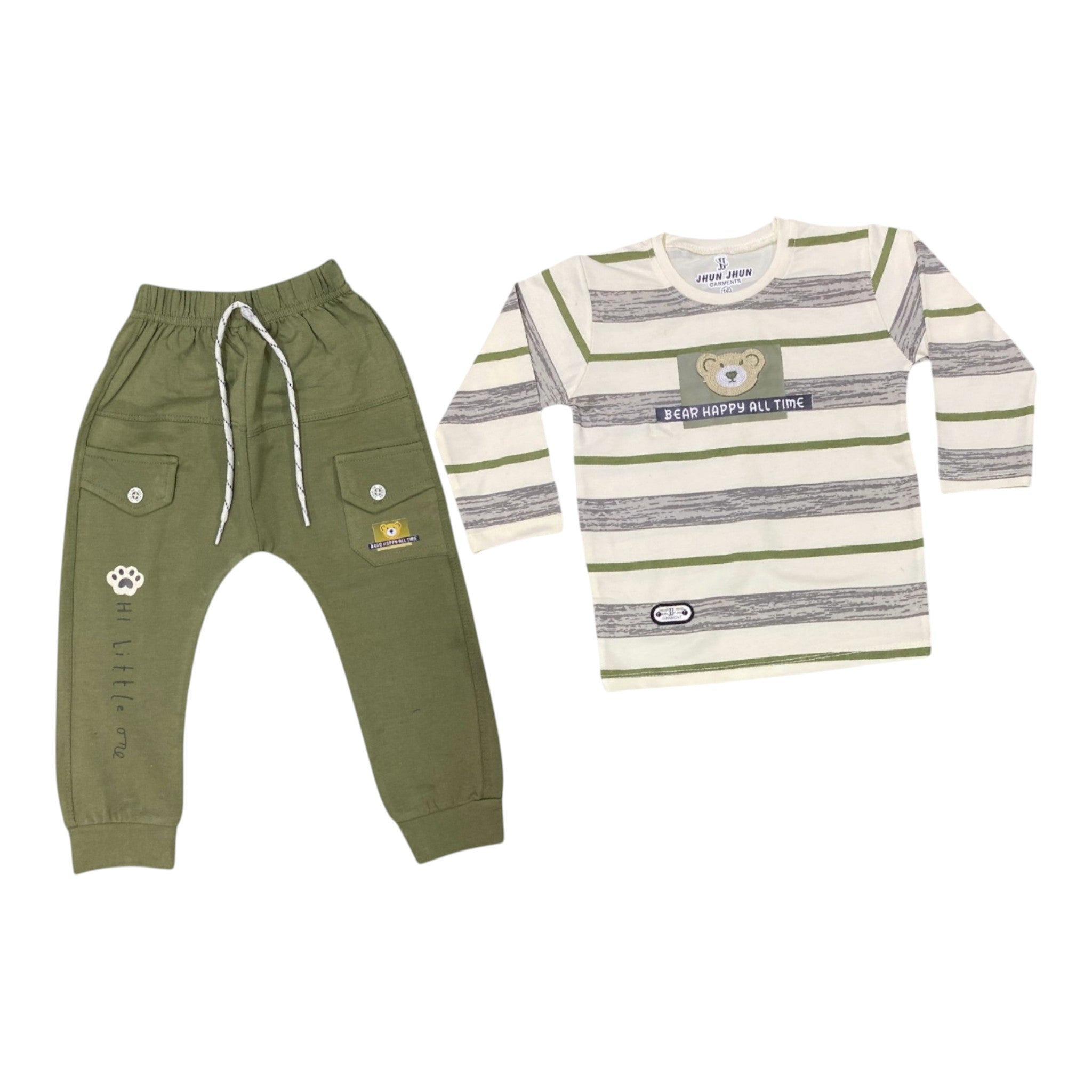Mini & Mama striped long sleeve top with bear graphic and olive green joggers with paw print detail.