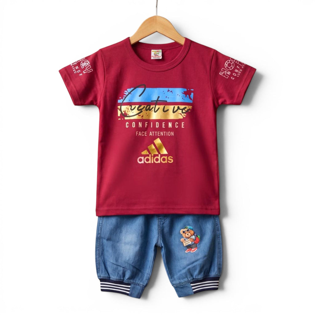 Mini & Mama Boys maroon Adidas graphic t-shirt and denim shorts set with teddy bear patch. Cotton.