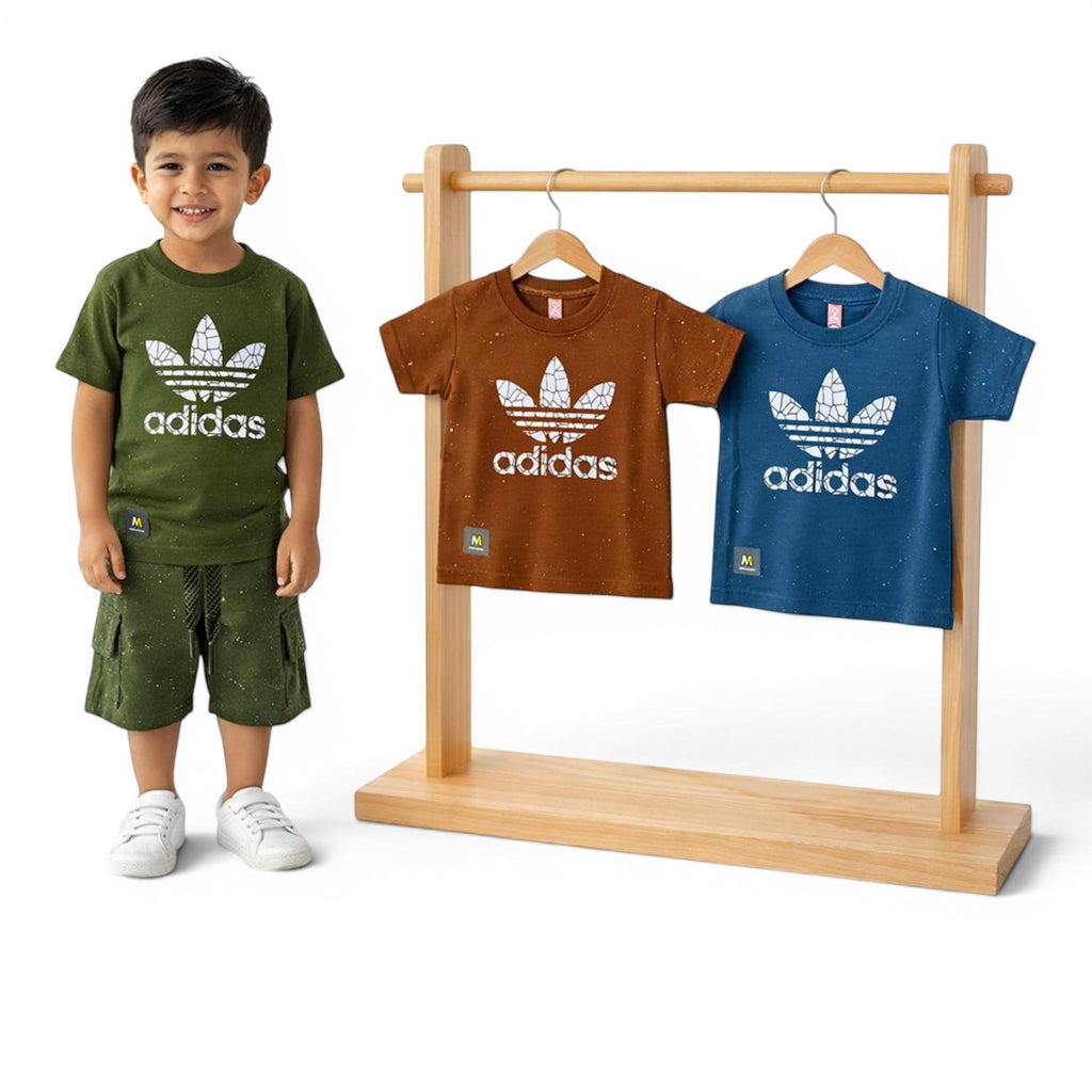 Mini & Mama Boys Adidas Graphic T-Shirt Set in olive green and brown with white trefoil logo. Speckled detail on brown shirt.