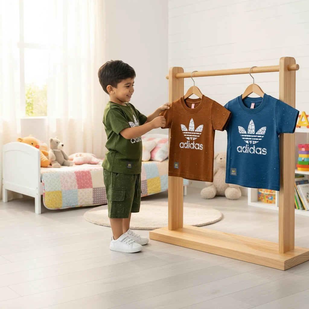 Mini & Mama Boys Adidas Graphic T-Shirt Set: olive green and brown short-sleeved tees with white trefoil logo print.