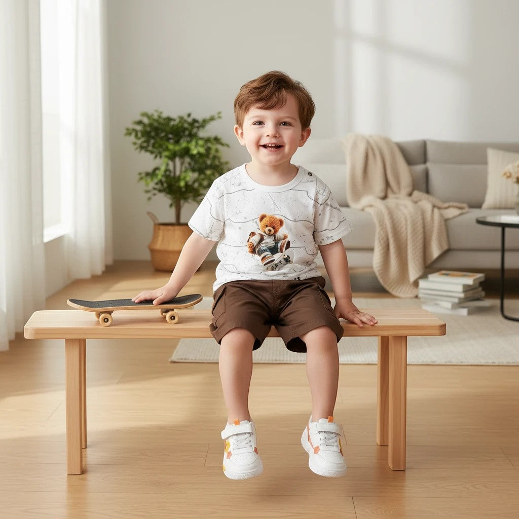 Mini & Mama boys white t-shirt with bear graphic and brown cargo shorts set. Casual wear.