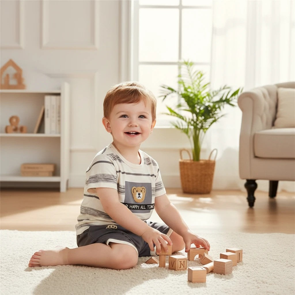 Mini & Mama boys' cream and grey striped t-shirt and shorts set with a bear graphic. Comfortable for everyday wear.