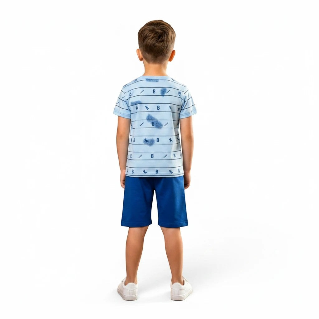 Mini & Mama Boys' light blue striped t-shirt with bike print and royal blue shorts. Elastic waistband shorts.