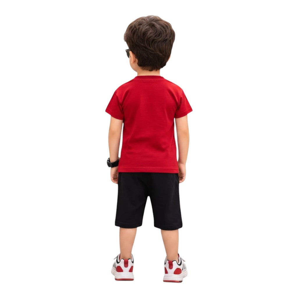 Mini & Mama Boys red graphic t-shirt and black shorts set with red side panel accents.