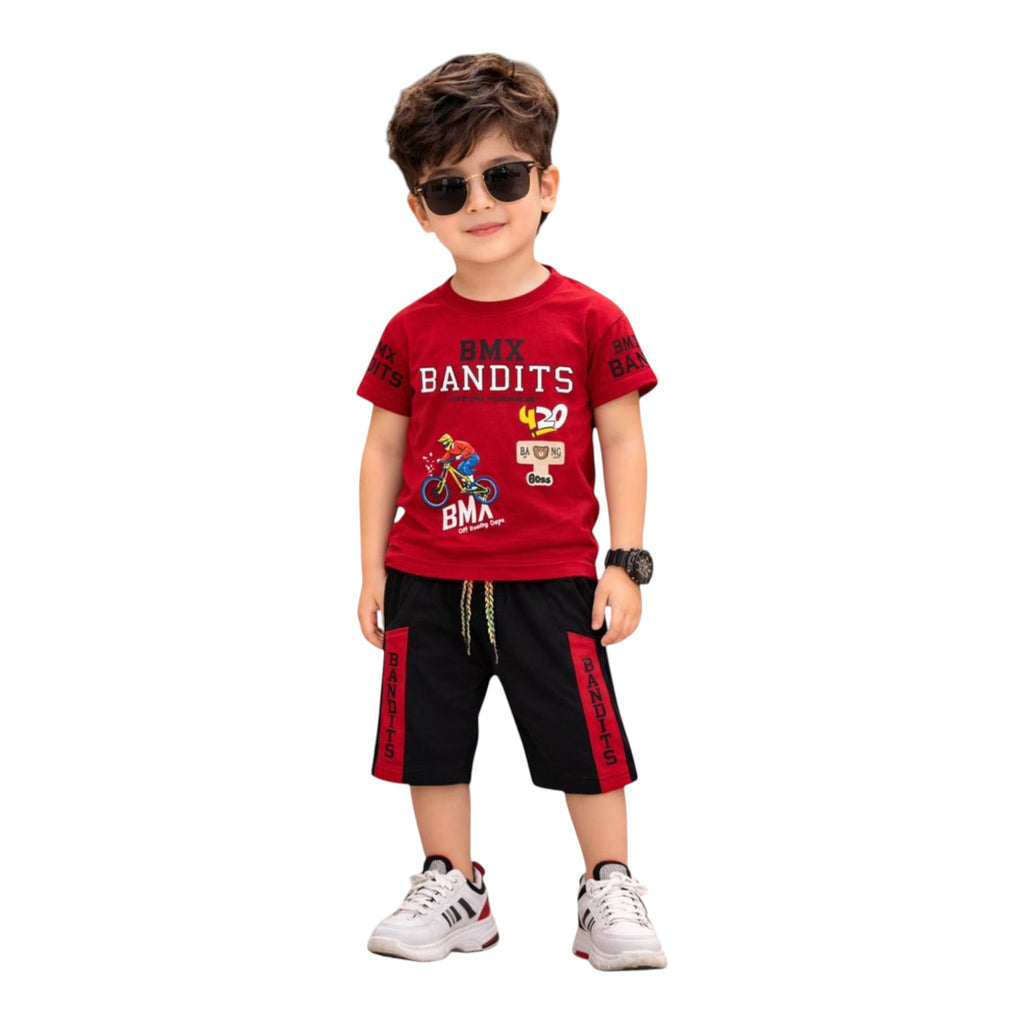 Mini & Mama boys red graphic t-shirt with BMX design and black shorts with red side panels. Comfortable cotton blend.