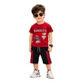 Mini & Mama boys red graphic t-shirt with BMX design and black shorts with red side panels. Comfortable cotton blend.