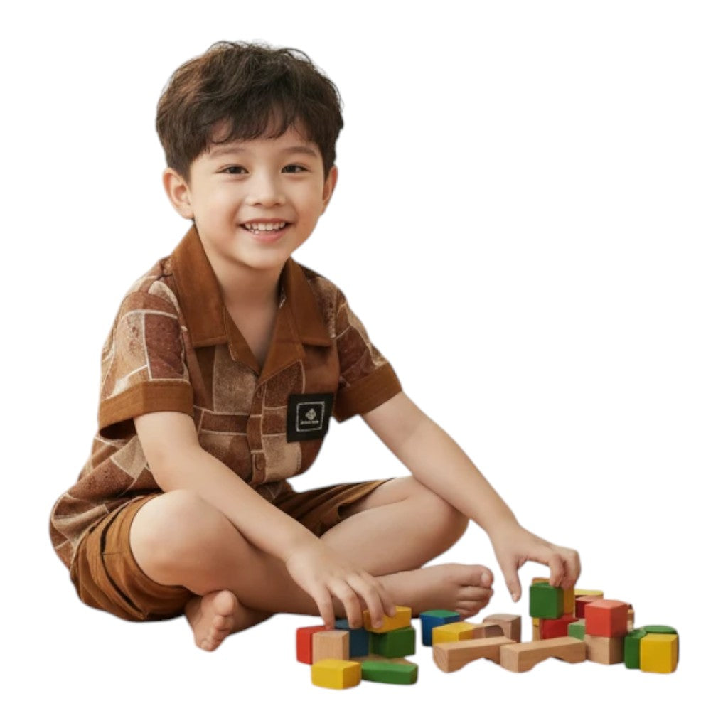 Mini & Mama boys' brown geometric pattern short sleeve button-up shirt and shorts set. Comfortable, breathable fabric.