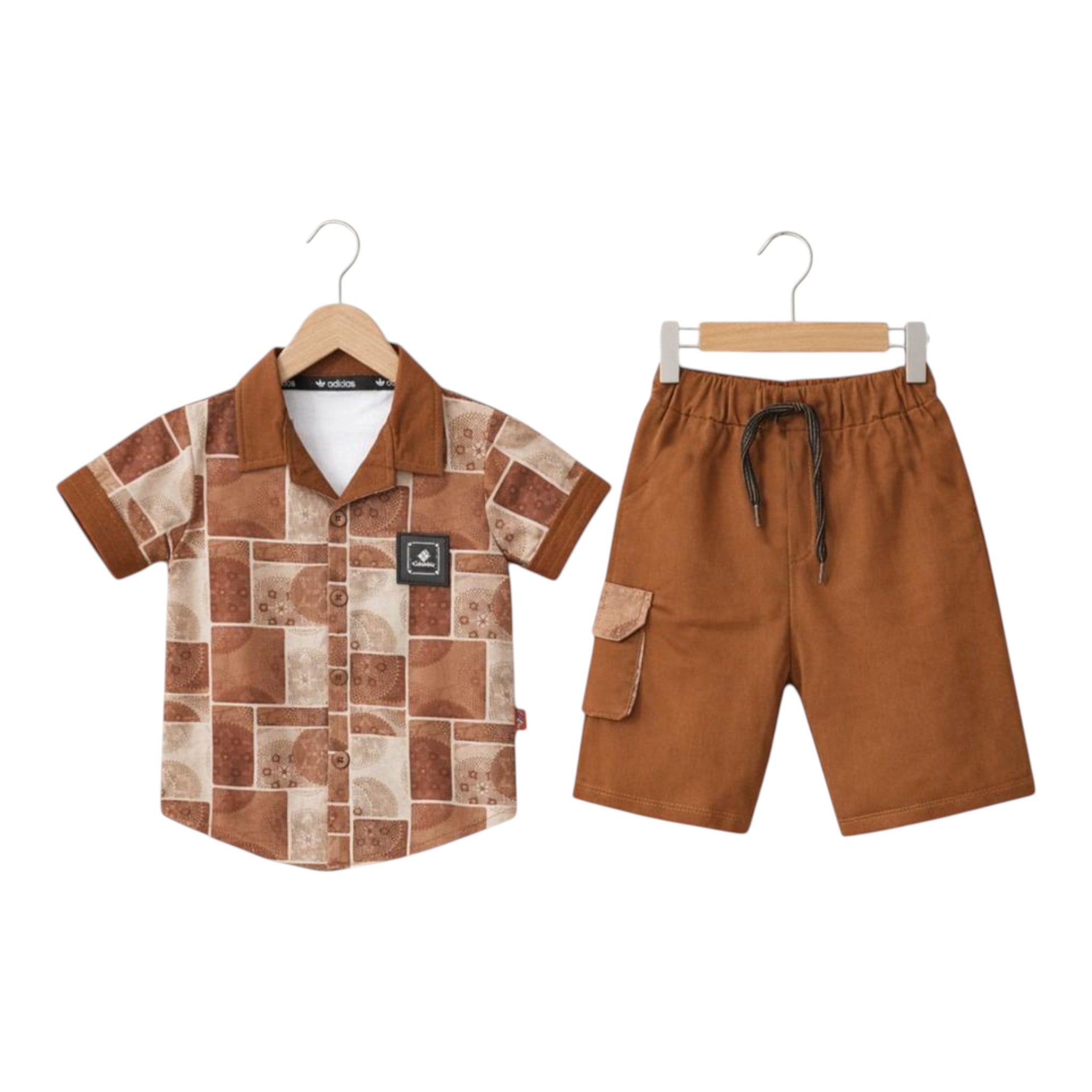 Mini & Mama boys' brown geometric pattern short sleeve button-up shirt and cargo shorts set