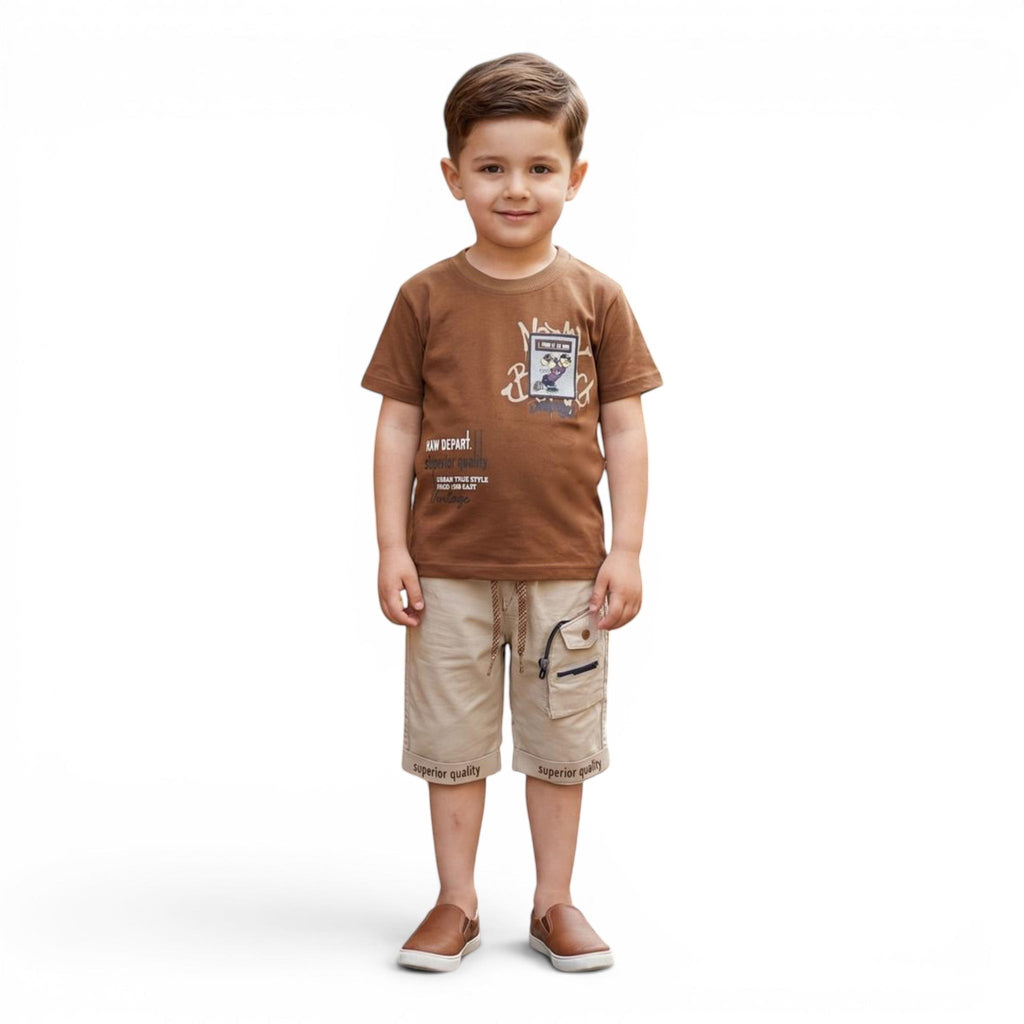 Mini & Mama Boys brown cotton t-shirt with graphic print and khaki cargo shorts with drawstring waist.