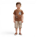 Mini & Mama Boys brown cotton t-shirt with graphic print and khaki cargo shorts with drawstring waist.
