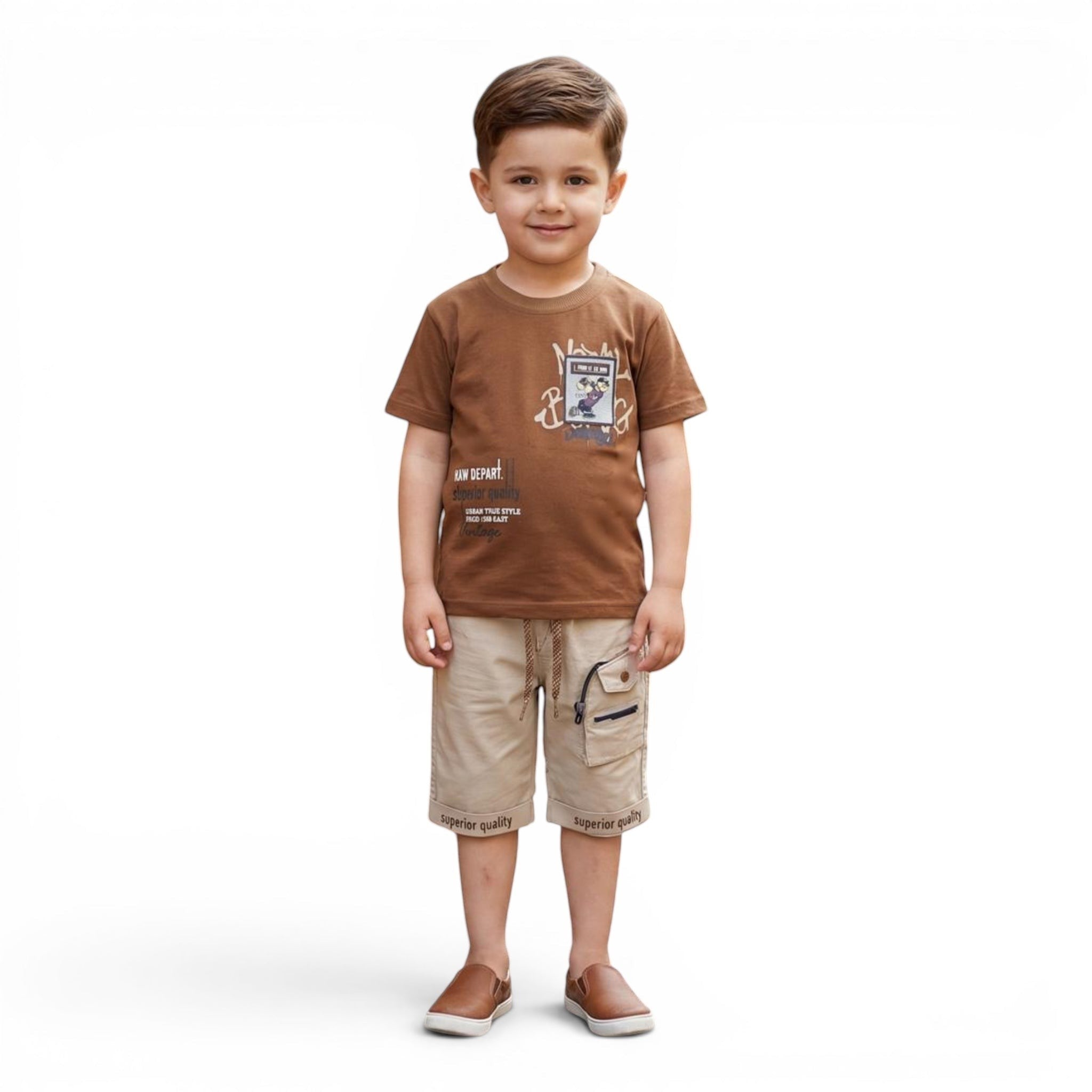 Mini & Mama Boys brown cotton t-shirt with graphic print and khaki cargo shorts with drawstring waist.