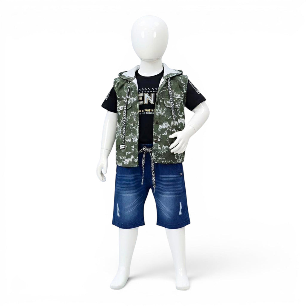 Mini & Mama boys' outfit set: black graphic tee, green camouflage hooded vest with zip, and distressed blue denim shorts with drawstring.