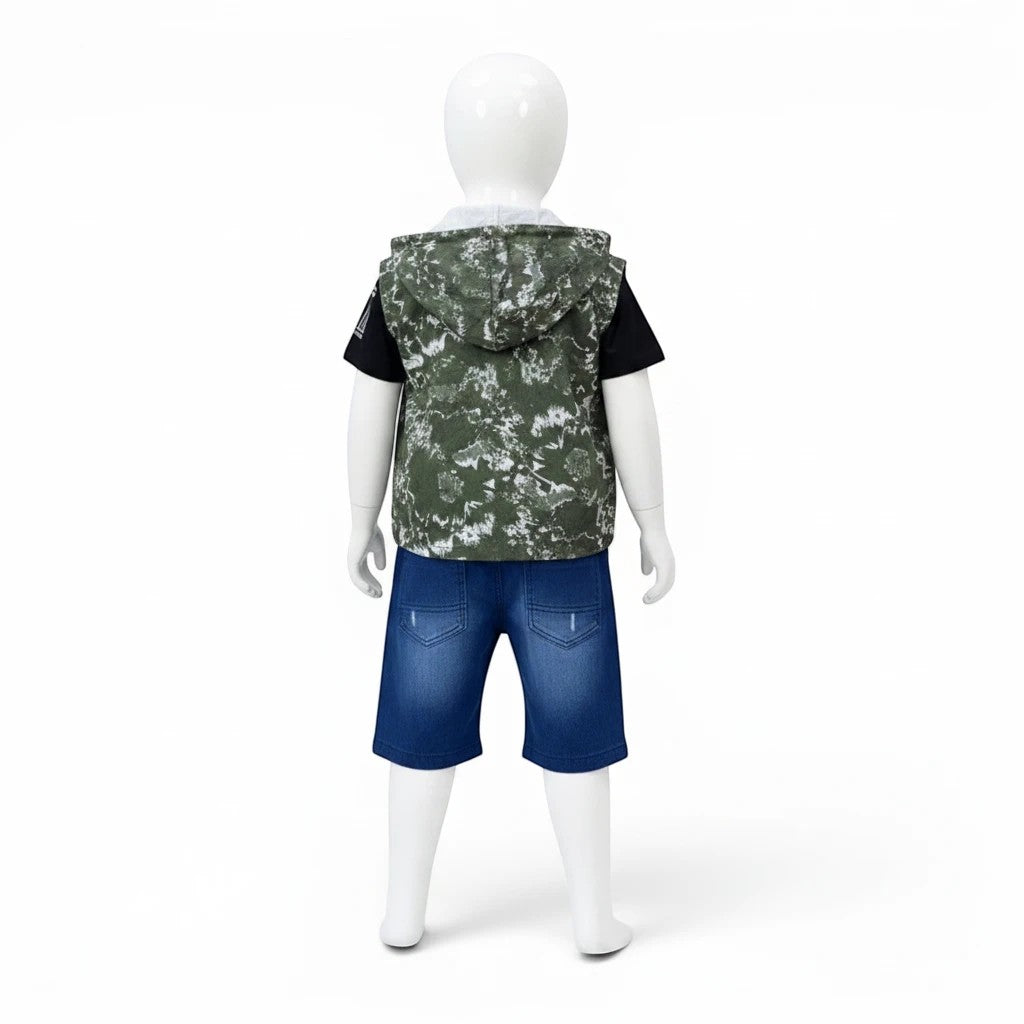 Mini & Mama boys' black t-shirt with camouflage vest and blue denim shorts outfit set.