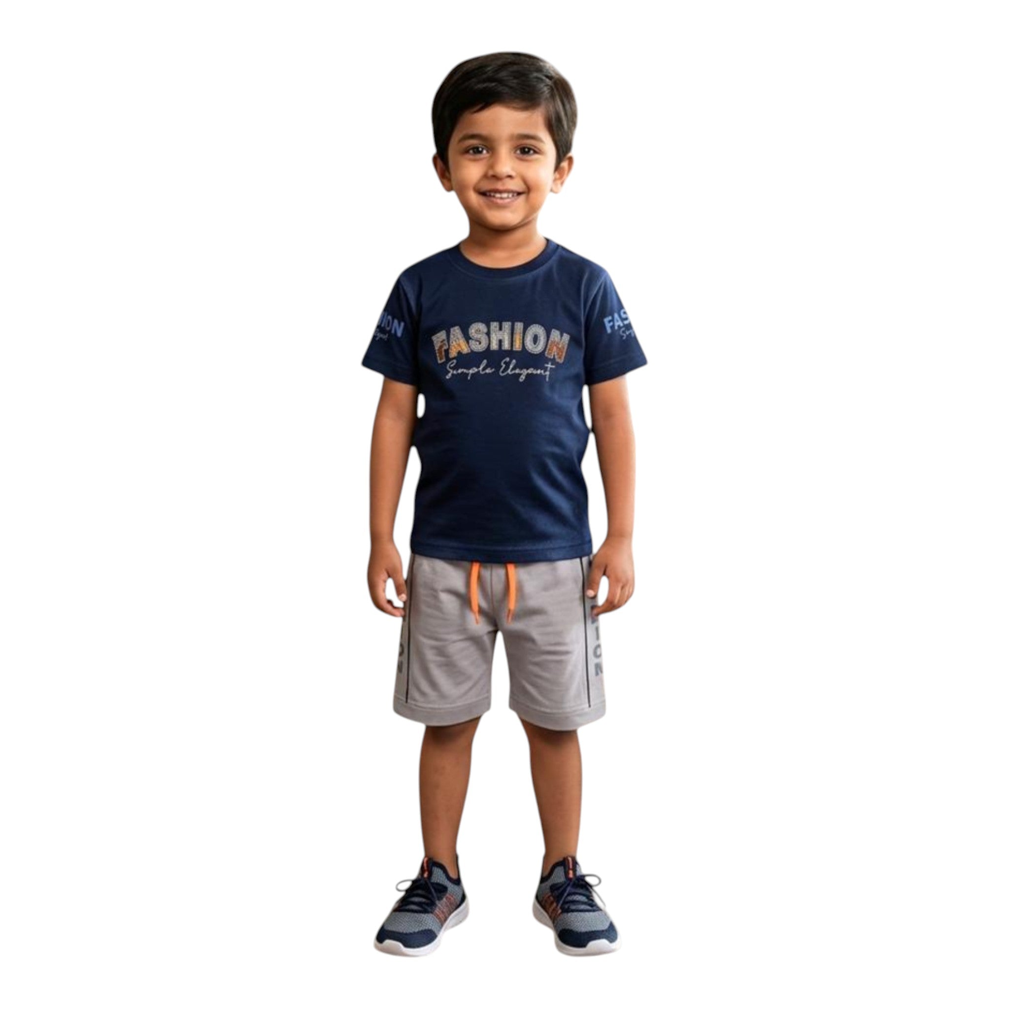 Mini & Mama boys navy blue cotton t-shirt with "FASHION Simple Elegant" graphic and grey shorts set.