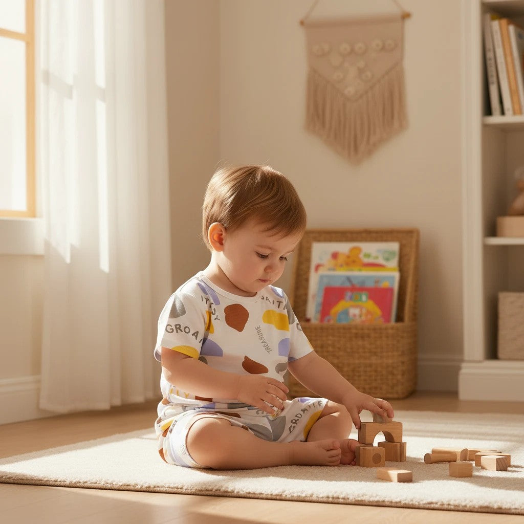 Mini & Mama white multicolour geometric print t-shirt and shorts set on a toddler playing with blocks.