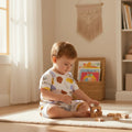 Mini & Mama white multicolour geometric print t-shirt and shorts set on a toddler playing with blocks.